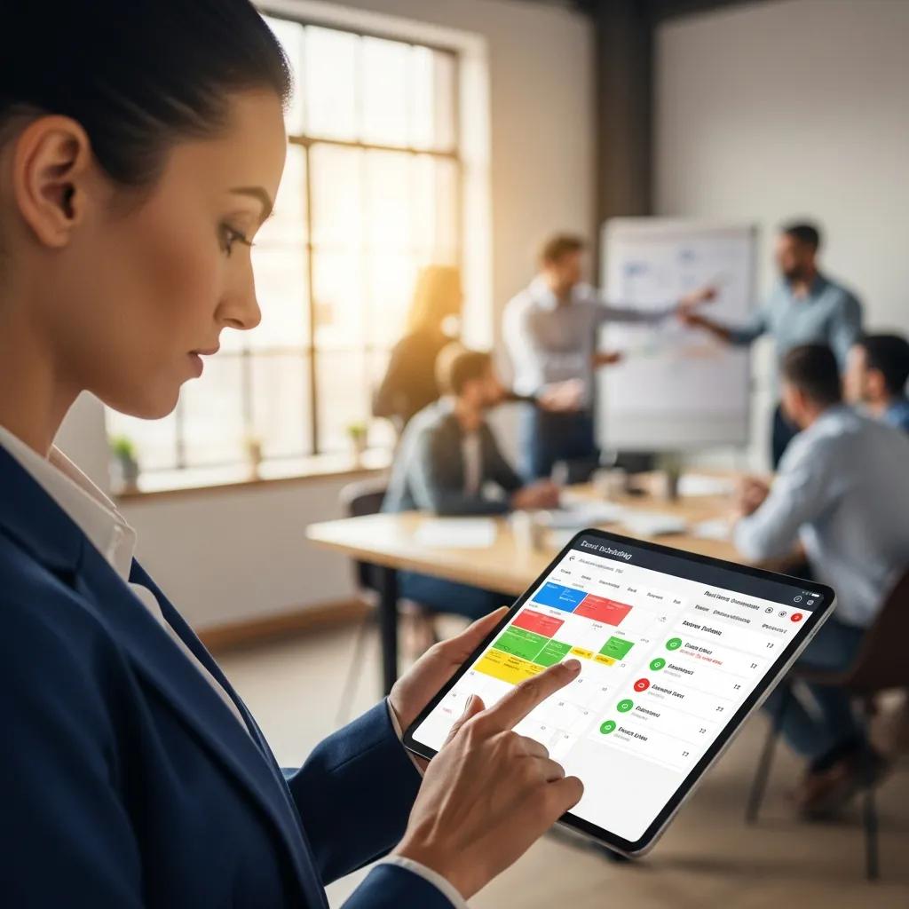 Manager using a digital scheduling tool on a tablet to manage workforce attendance, with colleagues collaborating in the background, illustrating Time Clock Wizard's automated scheduling features.