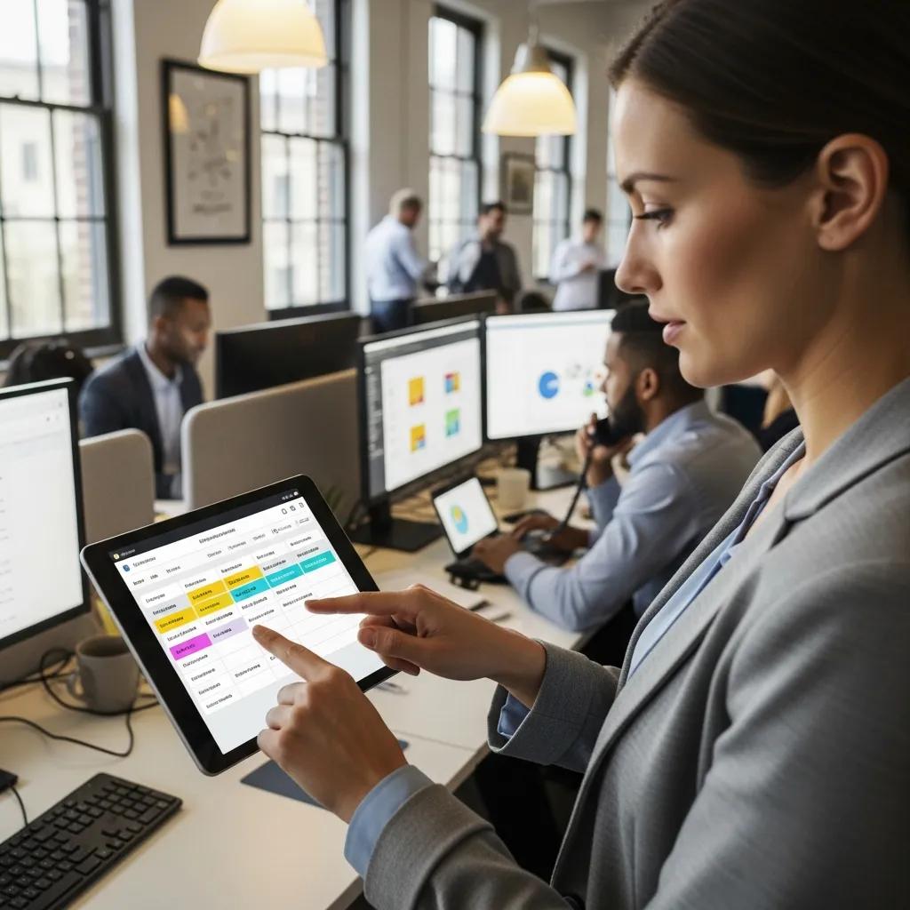 Manager using an employee scheduling tool on a tablet in a busy office environment with coworkers at computers, illustrating workforce management and productivity optimization.