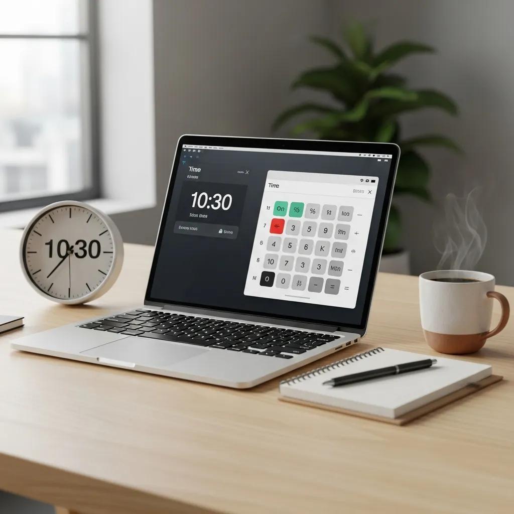 Modern workspace featuring a laptop displaying a time calculator, digital clock showing 10:30, coffee cup, and notebook, emphasizing productivity and time management tools.