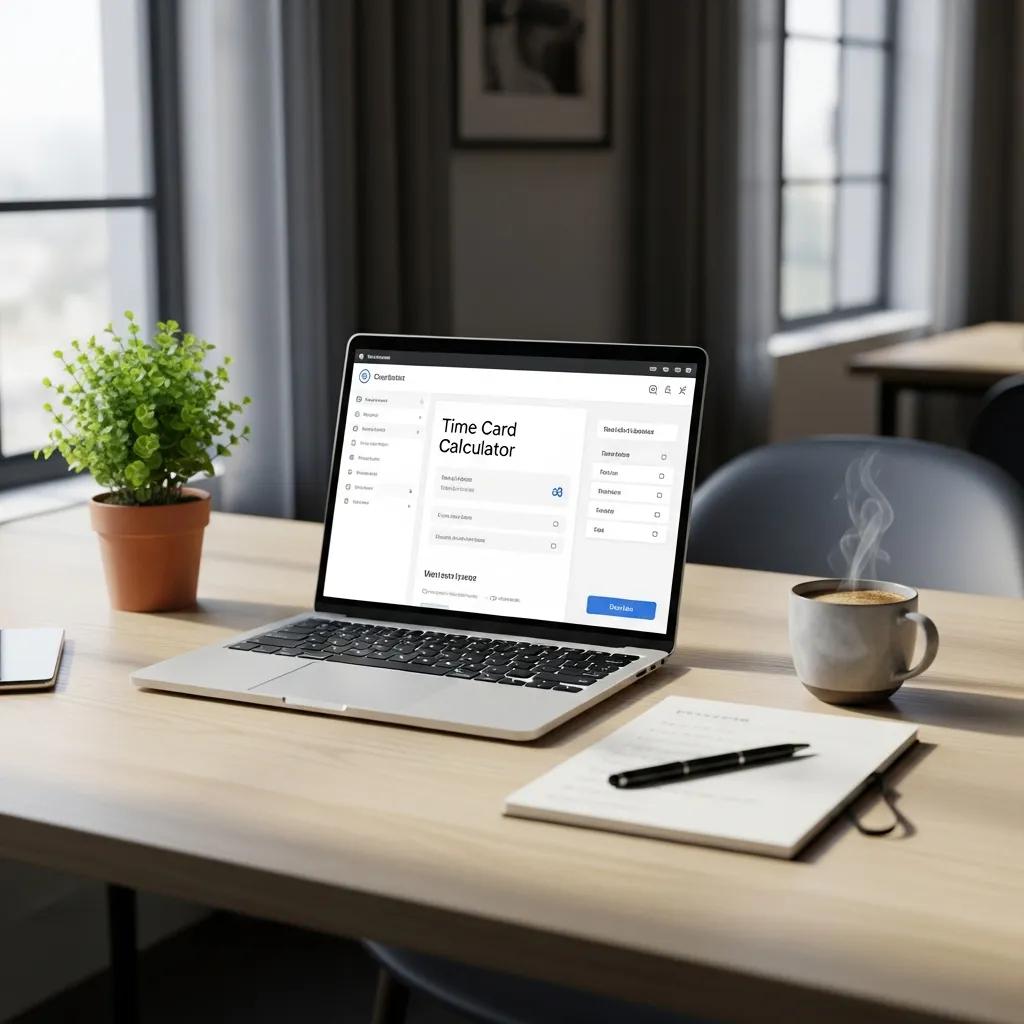 Modern workspace featuring a laptop displaying a time card calculator, a coffee cup, a notepad, and a potted plant, highlighting tools for efficient time management and scheduling.