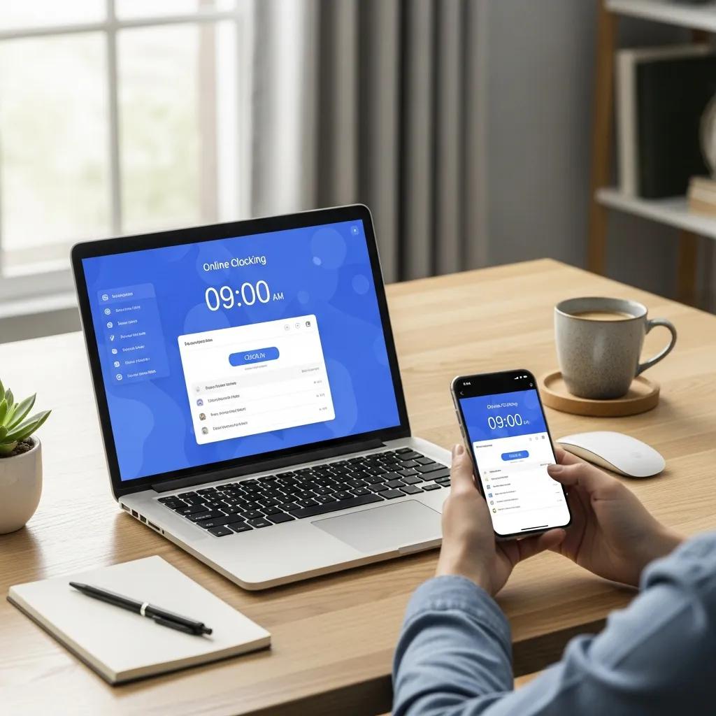 Modern workspace with laptop and smartphone displaying online clocking software for employee time tracking, featuring a 9:00 AM clock-in interface, alongside a notebook and coffee cup.