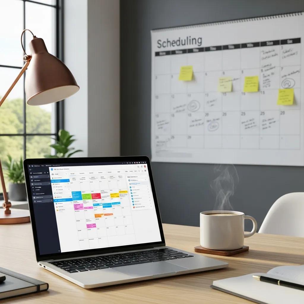 Modern workspace with laptop displaying scheduling software, calendar on wall, emphasizing productivity and organization in employee time management.