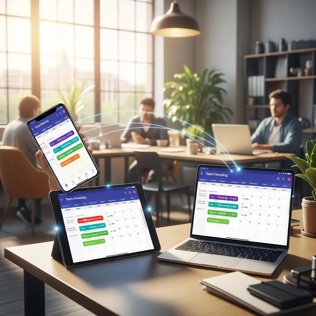 Multiple devices displaying synchronized calendar events, showcasing cross-platform synchronization benefits for efficient appointment management in a modern office setting.