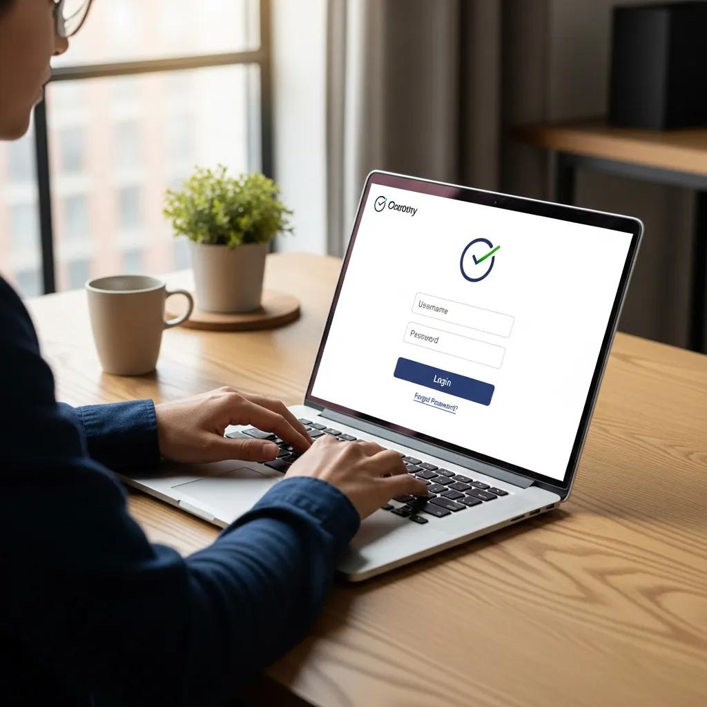 Person logging into Time Clock Wizard on a laptop in a modern workspace, featuring a login screen with fields for username and password, emphasizing employee time tracking and management.