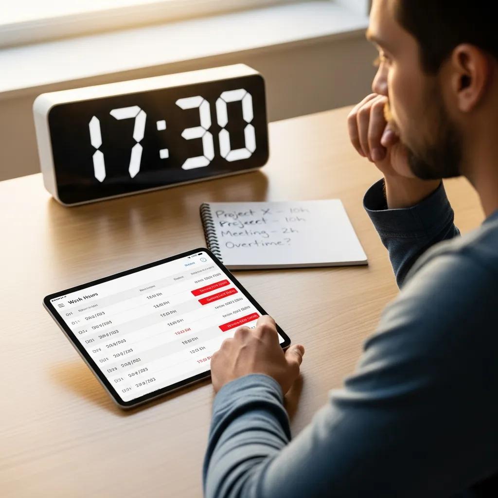 Person reviewing work hours on a tablet, emphasizing accurate overtime calculations, with a digital clock displaying 17:30 and a notebook listing project hours.