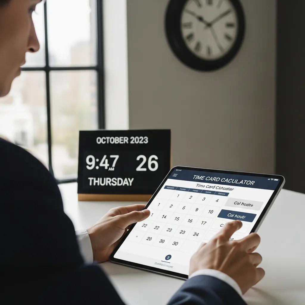Person using a tablet displaying a time card calculator interface, with a clock and calendar in the background, indicating time tracking for accurate payroll management.