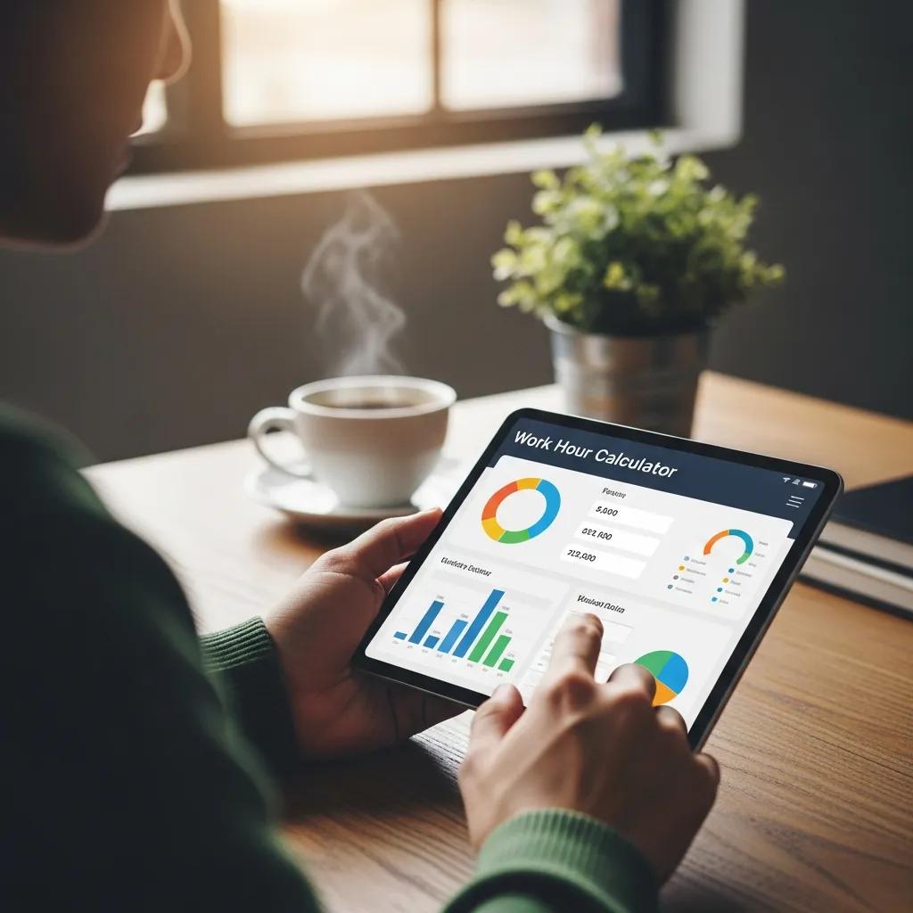 Person using a tablet displaying a work hour calculator interface with graphs and data in a cozy office setting, featuring a coffee cup and plant in the background.