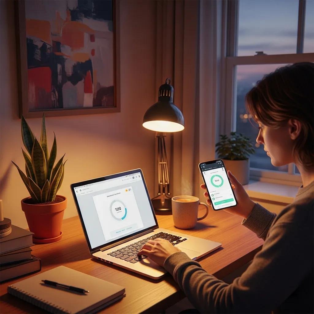 Person using a time tracking app on smartphone and laptop in a cozy home office, highlighting remote work productivity and time management.