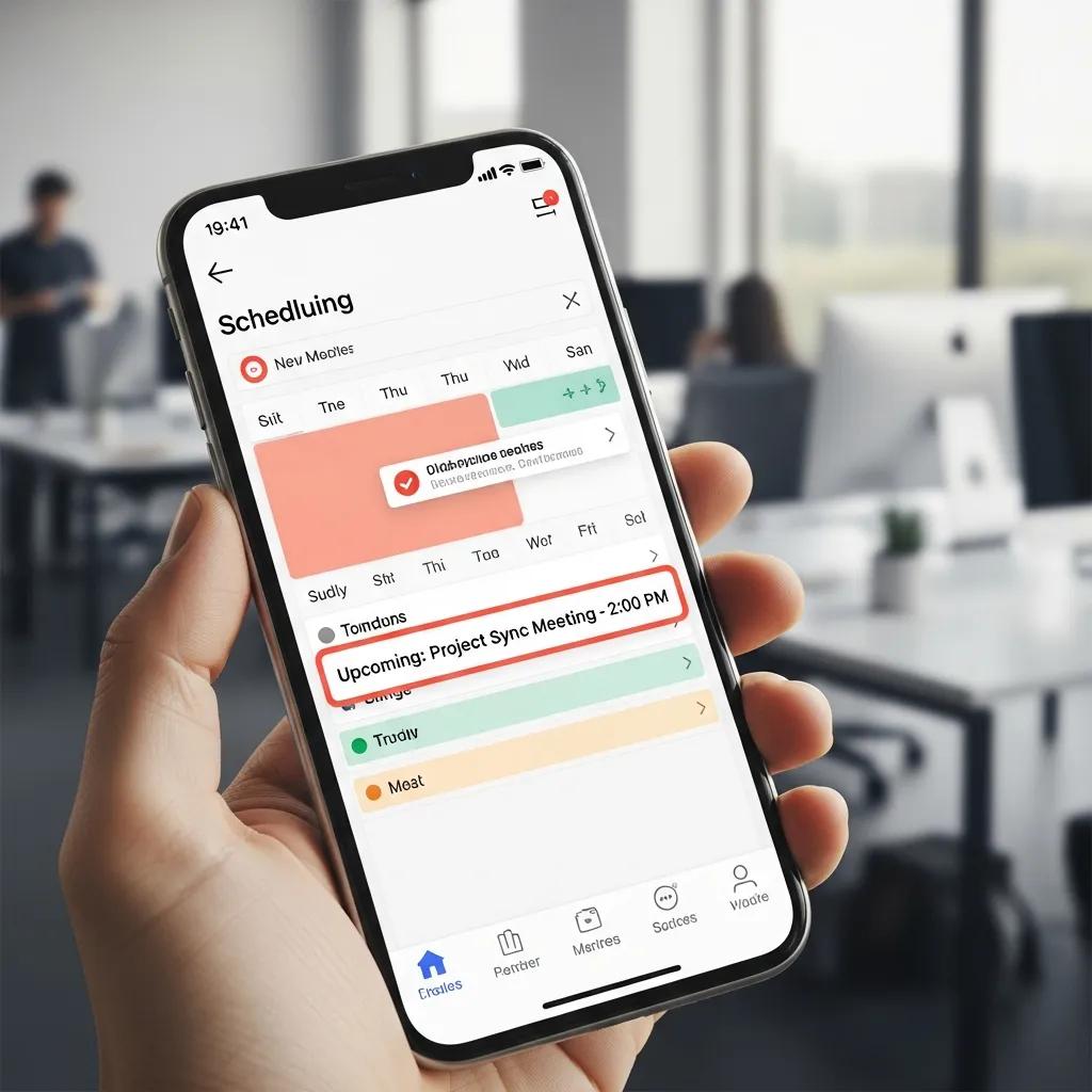 Smartphone displaying a scheduling app with upcoming appointment notification for a Project Sync Meeting at 2:00 PM, illustrating automated appointment booking features in a modern office setting.