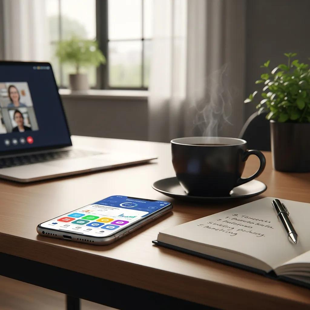 Smartphone displaying time tracking app on a desk with coffee, notepad, and laptop, illustrating mobile time management tools for efficient payroll tracking.