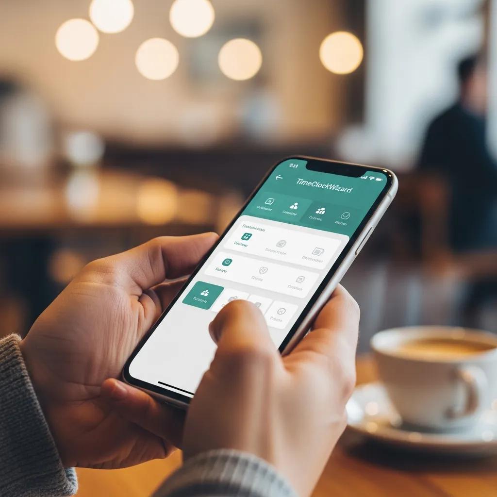 Smartphone displaying the TimeClockWizard mobile app in a coffee shop, user interacting with time tracking features.