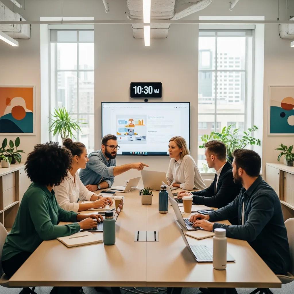 Team collaboration in a modern office meeting, focused on productivity and time management, with digital clock displaying 10:30 AM and a presentation on time tracking tools on the screen.