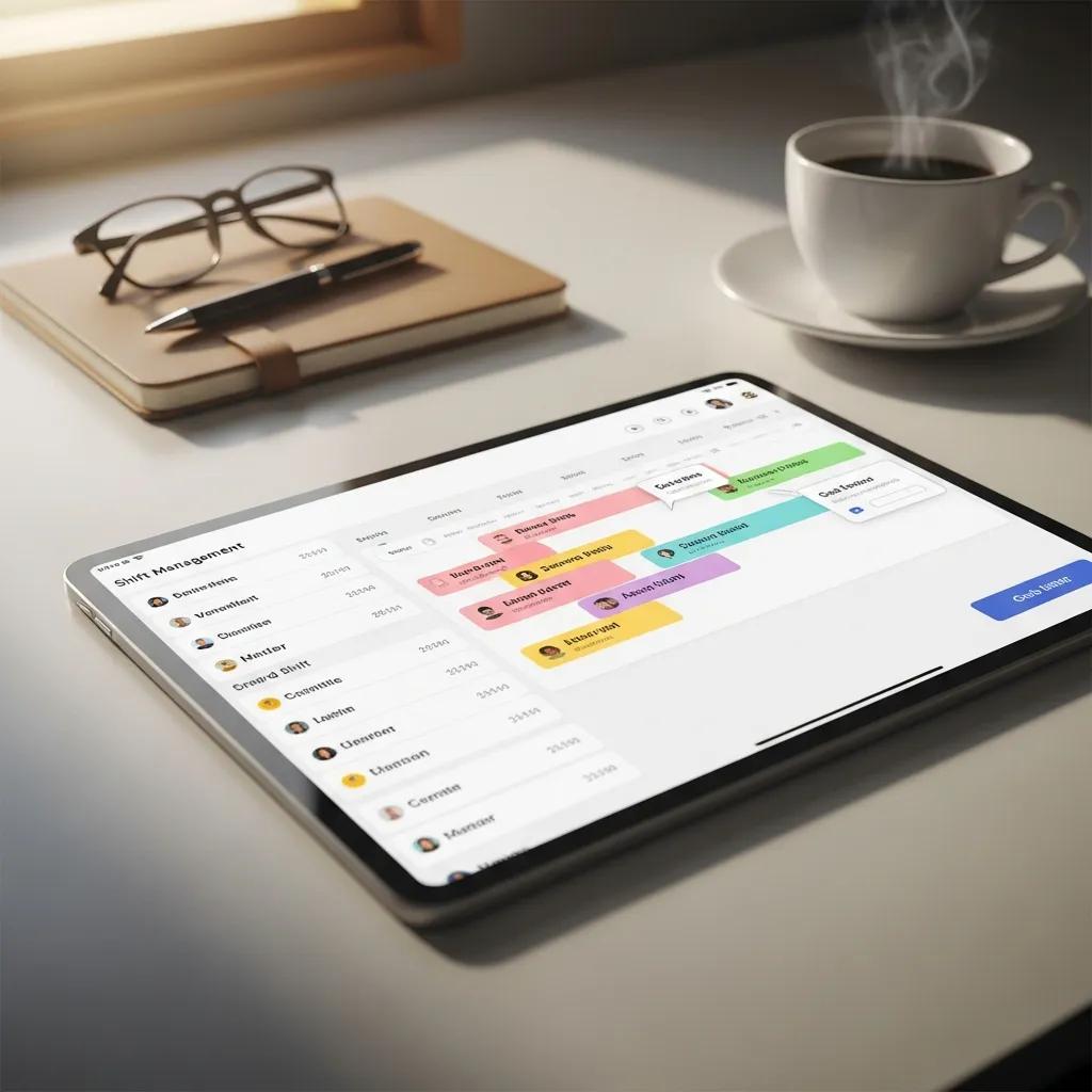 User-friendly shift management tool interface displayed on a tablet in an office setting, featuring colorful shift allocations and employee names, with a cup of coffee and notebook in the background.