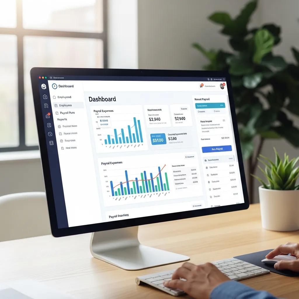 User-friendly payroll software dashboard displaying payroll expenses and employee data in a modern workspace, emphasizing efficient payroll management and compliance.