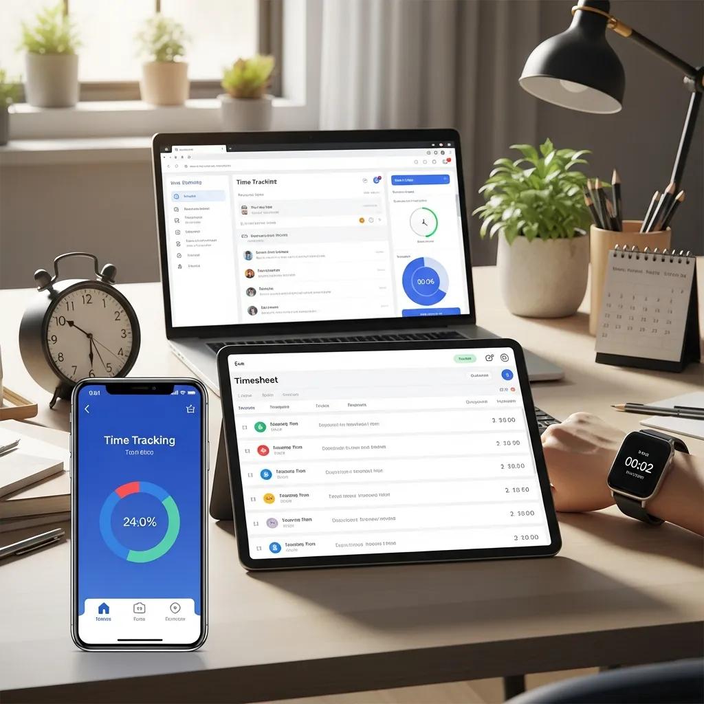 Various time tracking applications displayed on a smartphone, tablet, and laptop in a bright workspace, with a clock and calendar, illustrating employee time management solutions.