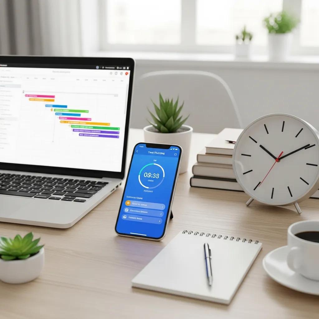 Smartphone displaying time tracking app alongside a laptop with a project timeline, plants, clock, notebook, and coffee cup on a workspace, illustrating modern productivity tools for work hour management.